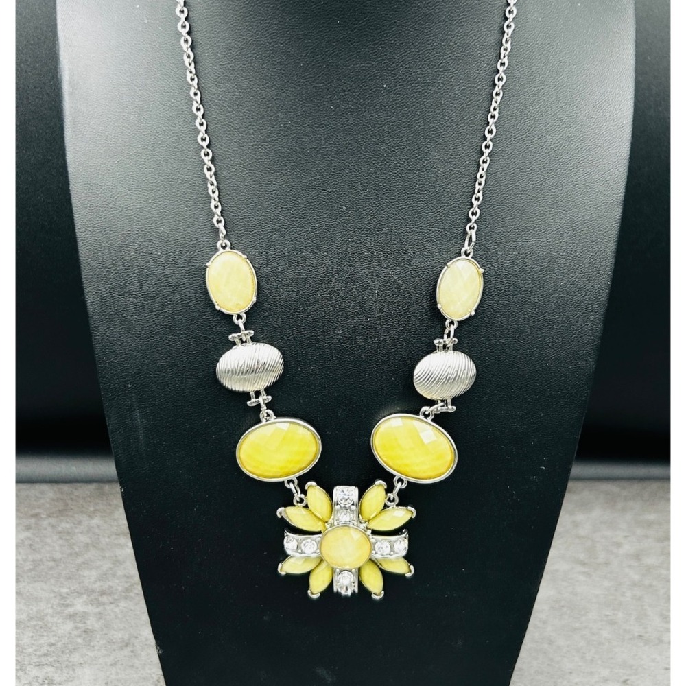 Vintage 90s Yellow Resin Statement Necklace w/ Silver Accents Floral Centerpiece